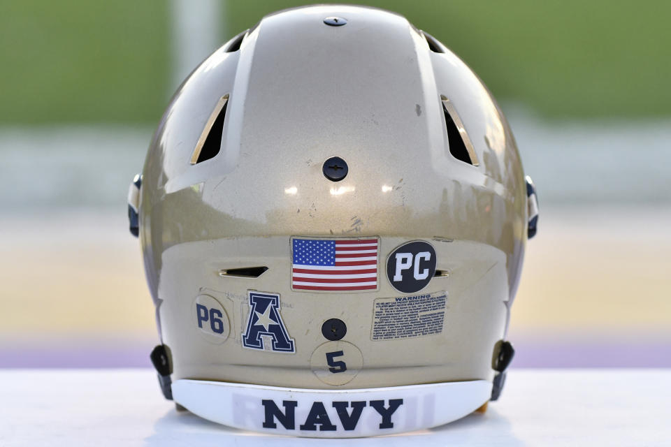 GREENVILLE, NC - November 19: Navy Midshipmen helmet sits on the sidelines during an NCAA football game between the East Carolina Pirates and the Navy Midshipmen on November 19, 2016 at Dowdy-Ficklen Stadium  in Greenville, NC. Navy defeated ECU 66-31. (Photo by Greg Thompson/Icon Sportswire via Getty Images)