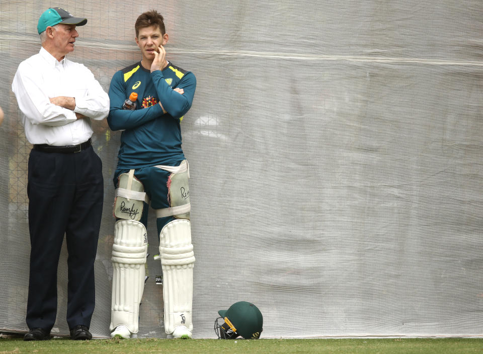 Australian Selector Greg Chappell speaks with Tim Paine during an Australian nets session at Adelaide Oval on December 04, 2018 in Adelaide, Australia.