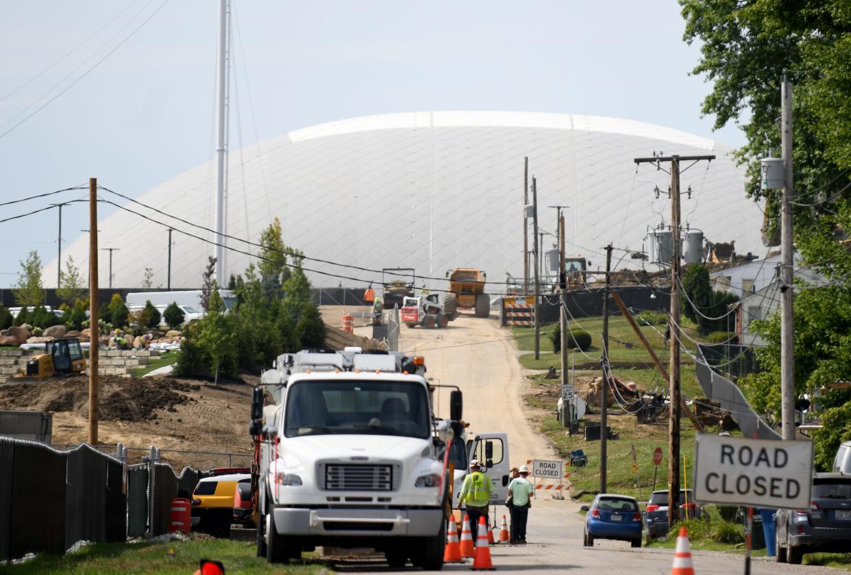 Work continues at Hall of Fame Village along a closed section of Blake Avenue NW.  Canton City Council voted Monday to approve a $5 million loan to pay for infrastructure improvements at the Hall of Fame Village.