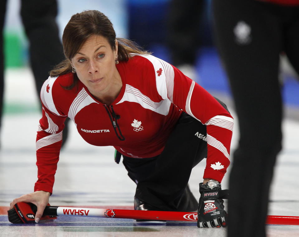 Cheryl Bernard of Canada watches her shot during the women's round robin curling&nbsp;event against Britain at the Vancouver 2010 Winter Olympics. (Photo: Chris Helgren/Reuters)