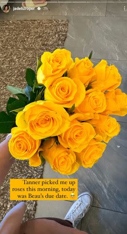 <p>Jade Roper Tolbert/Instagram</p> Jade Roper Tolbert shows flowers husband Tanner Tolbert got her on Beau's due date