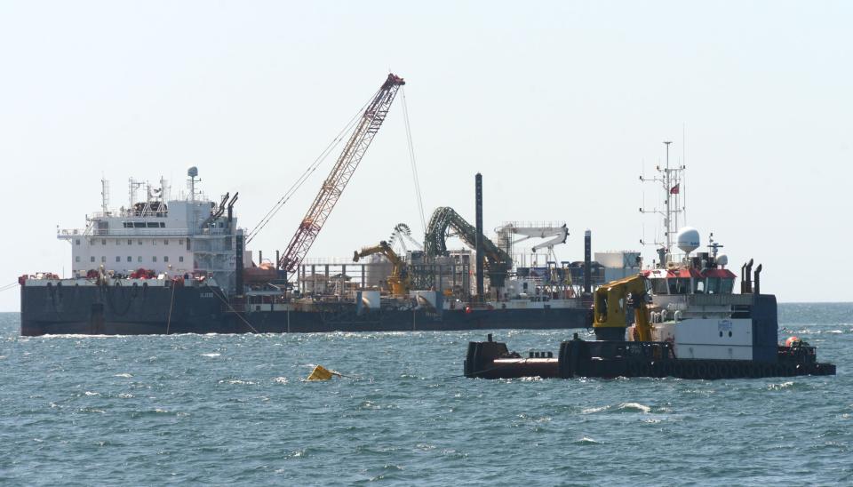 The cable-laying ship Ulisse working toward the new substation seen during a day-long visit on Wednesday to the Vineyard Wind offshore wind farm south of Martha's Vineyard.