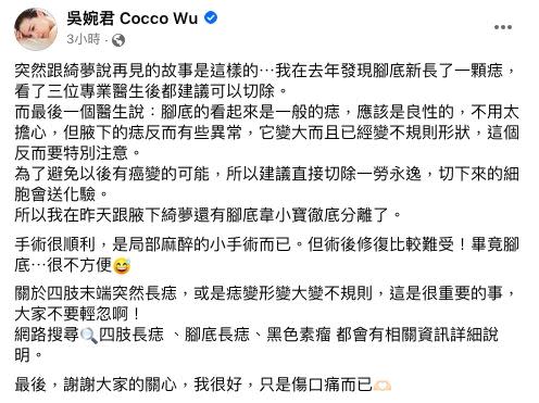 吳婉君透露自己腋下的痣異常，在醫生的建議下動刀切除。（圖／翻攝自吳婉君臉書）