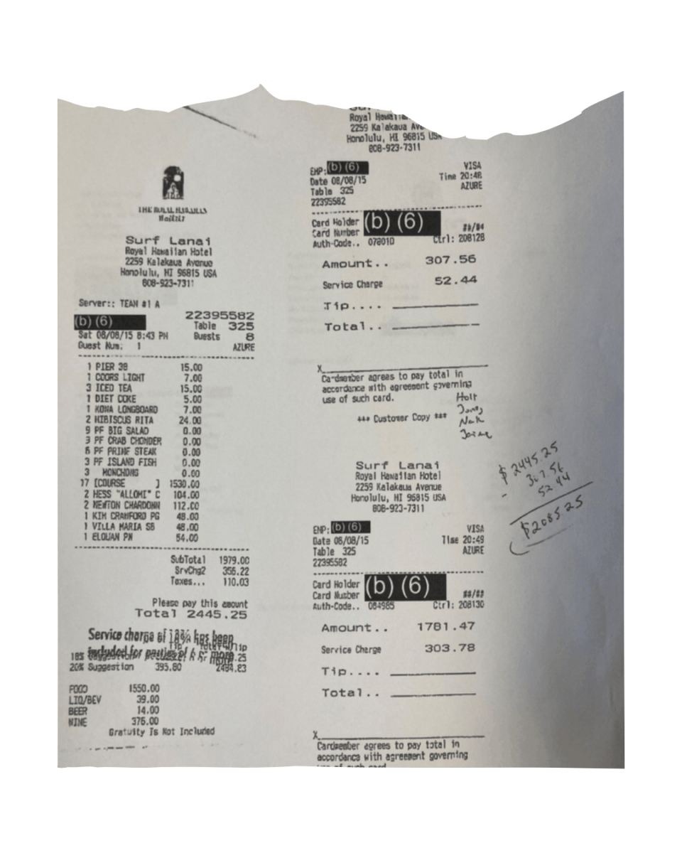 A receipt from the Surf Lanai in Honolulu for a trip by Sen. John Cornyn and others.