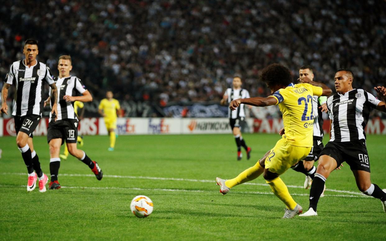 Willian puts Chelsea in front at PAOK Salonika in the seventh minute (Pic: Reuters/John Sibley)