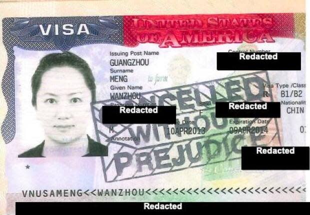 Documents released by B.C. Supreme Court May 5 include this picture of Huawei chief financial officer Meng Wanzhou's cancelled U.S. visa. She faces extradition to New York. (B.C. Supreme Court - image credit)