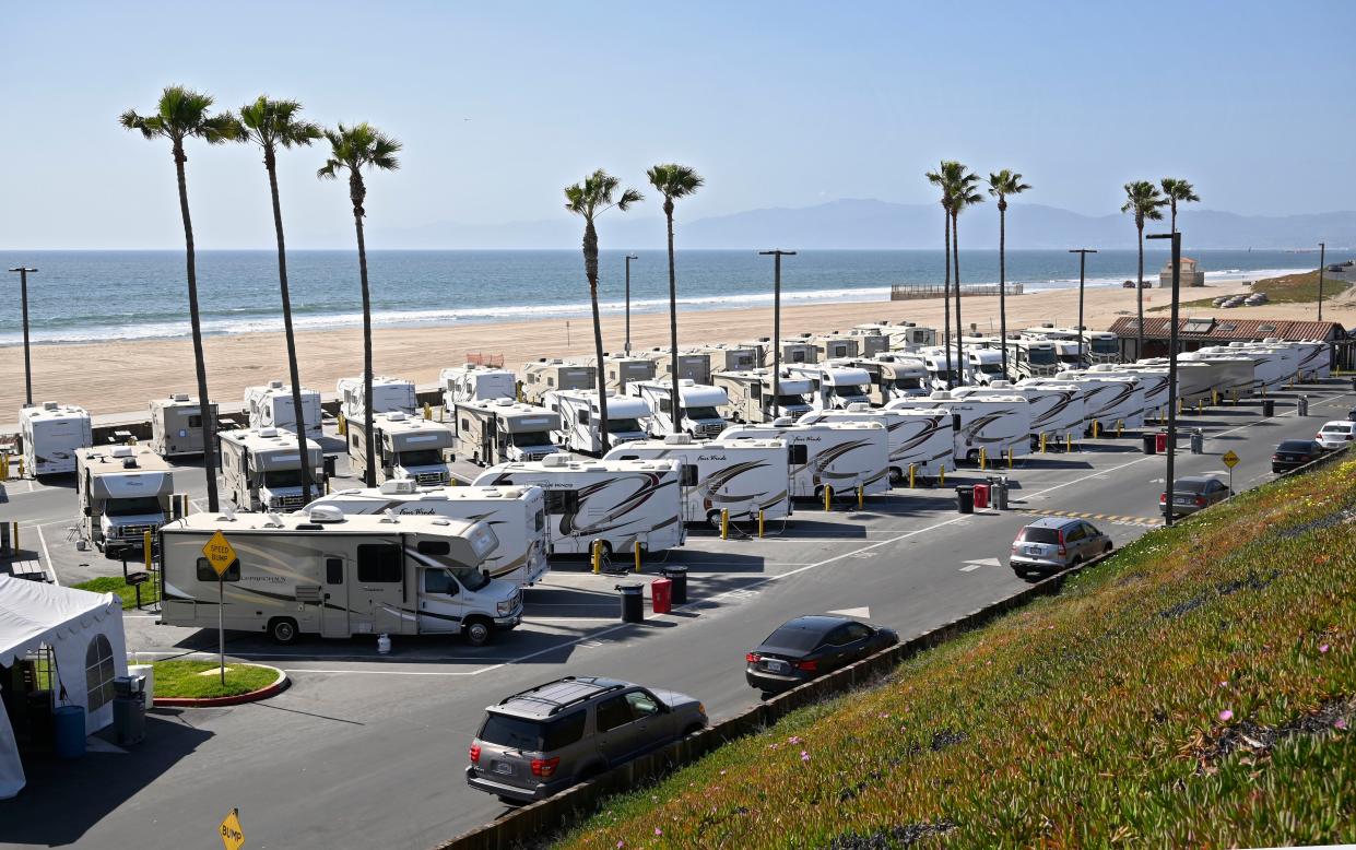 An RV park at Dockweiler State Beach, where some coronavirus patients are being quarantined, is viewed on Friday, April 3, 2020, in Los Angeles.