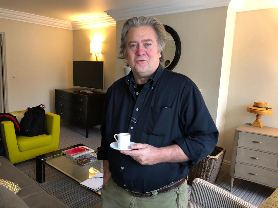 Steve Bannon in his London hotel room on Nov. 16, 2018.