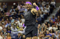 Rafael Nadal, of Spain, reacts during a fourth-round match against Marin Cilic, of Croatia, during the U.S. Open tennis tournament Monday, Sept. 2, 2019, in New York. (AP Photo/Seth Wenig)