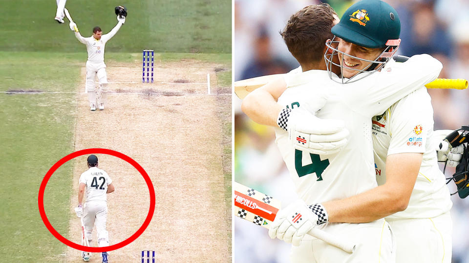 Cameron Green, pictured here over the moon for Alex Carey after he brought up his maiden Test century.