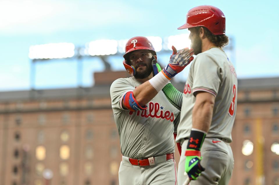 Kyle Schwarber celebrates with Bryce Harper after hitting a home run Friday at Camden Yards.