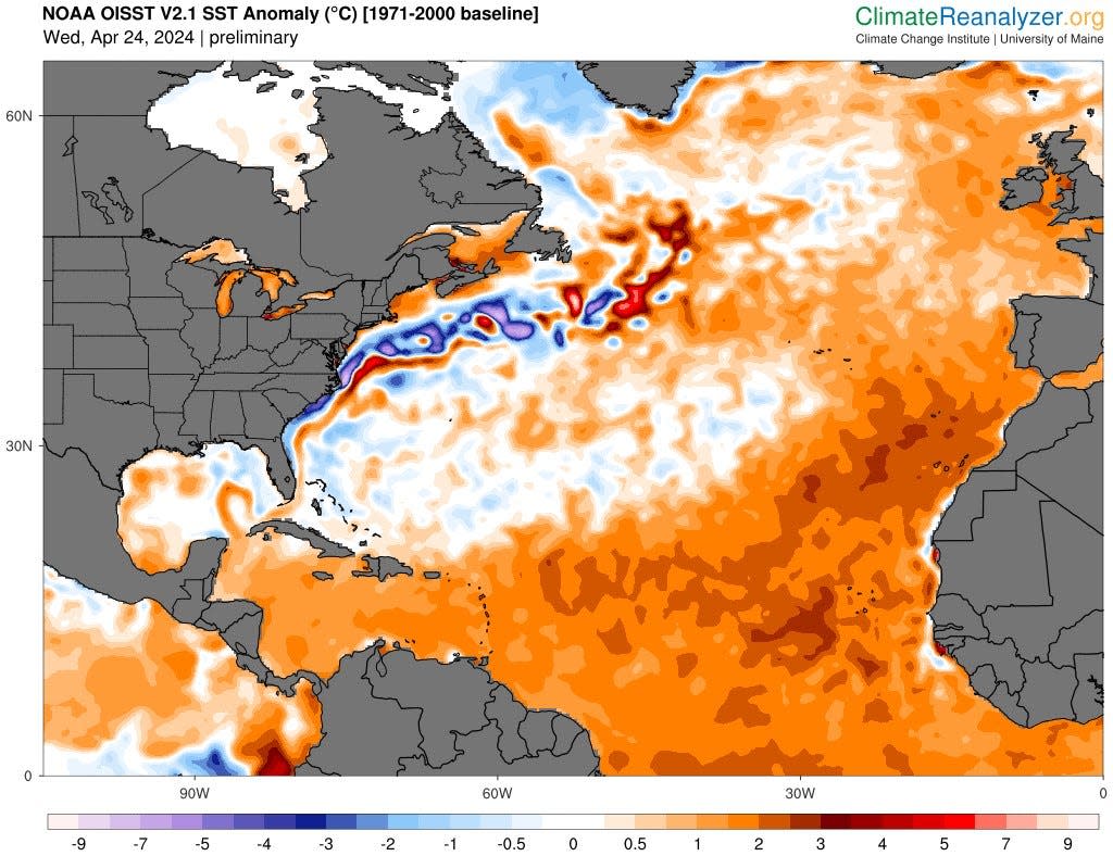 Sea surface temperatures in the North Atlantic region in late April, as seen in this sea-surface temperature anomaly map built by the Climate Change Institute at the University of Maine with NOAA data.