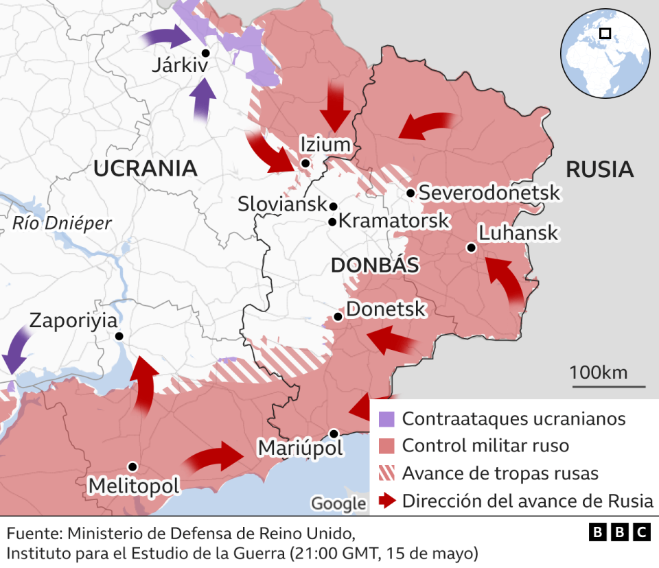 Mapa del este de Ucrania