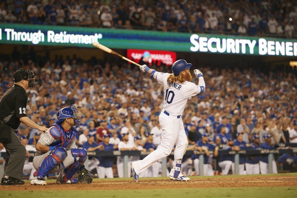 Justin Turner 2017年國聯冠軍戰G2的再見轟被評為名場面。（Photo by Robert Beck /Sports Illustrated via Getty Images) (Set Number: X161467 TK2）