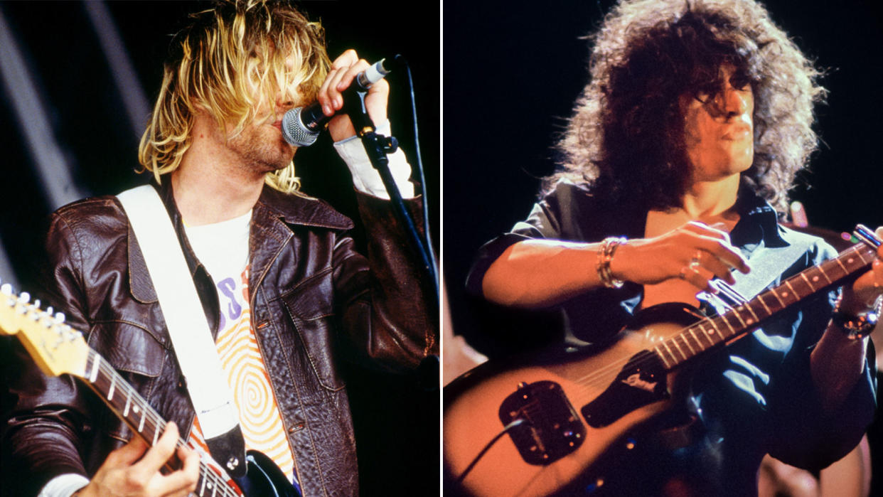  Kurt Cobain and Joe Perry, both pictured in the early ’90s 