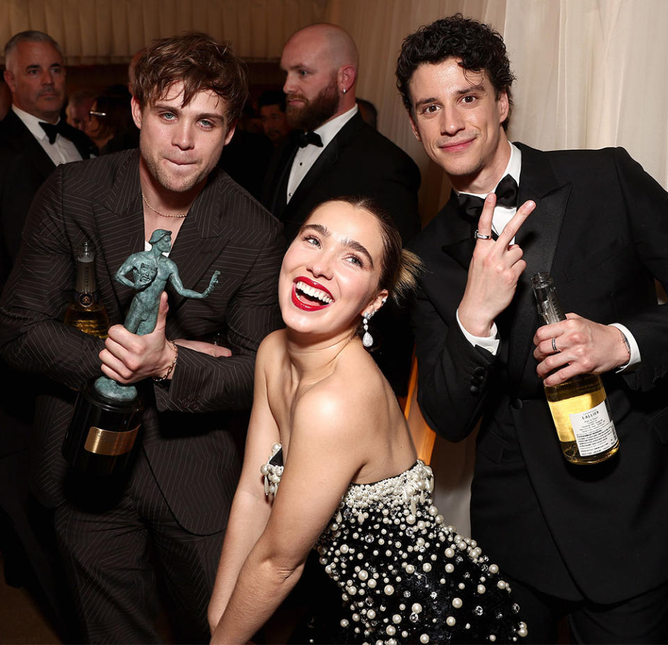 Leo Woodall, Haley Lu Richardson and Adam DiMarco attend People's official Screen Actors Guild Awards afterparty at Fairmont Century Plaza in Los Angeles on Feb. 26, 2023.