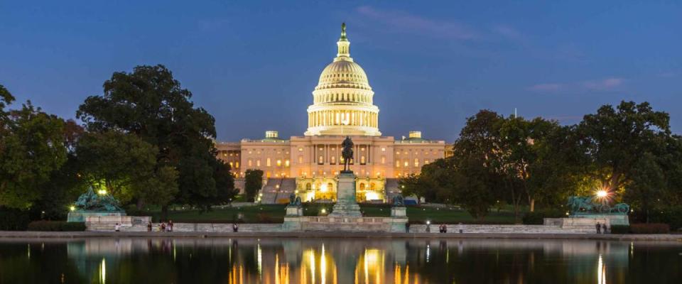 The US Capitol building in Washington DC, in the evening after sunset.