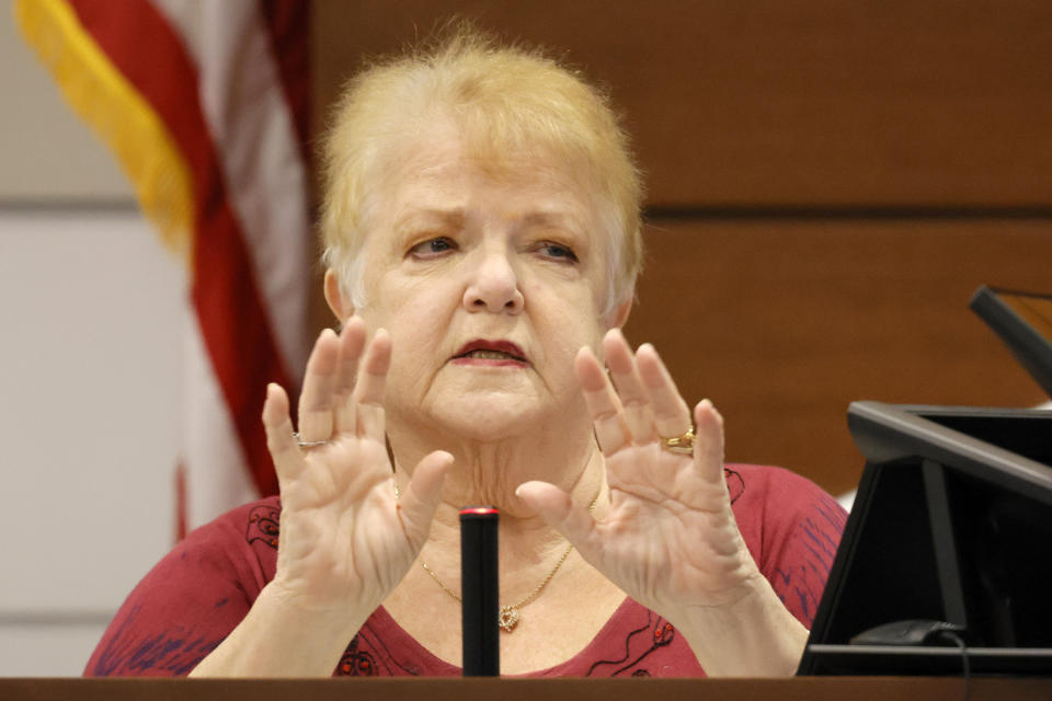 Lynn Rodriguez testifies during the penalty phase of the trial of Marjory Stoneman Douglas High School shooter Nikolas Cruz at the Broward County Courthouse in Fort Lauderdale, Fla., Monday, Aug. 29, 2022. Rodriguez was Cruz's third and fourth grade teacher. Cruz previously plead guilty to all 17 counts of premeditated murder and 17 counts of attempted murder in the 2018 shootings. (Amy Beth Bennett/South Florida Sun Sentinel via AP, Pool)