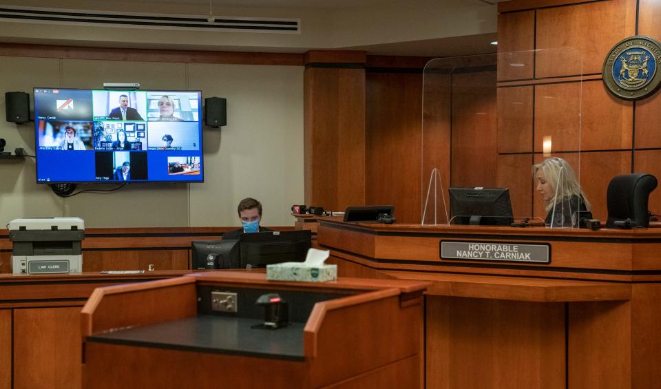 Accused Oxford High School gunman Ethan Crumbley is video conferenced in to the 52-3 District Courtroom of Judge Nancy Carniak in Rochester Monday, Dec. 13, 2021, for a probable cause hearing in his case.Crumbley was represented by attorney Paulette Michel Loftin.