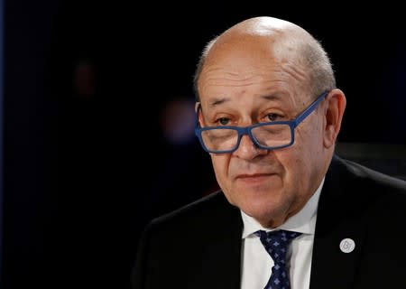 FILE PHOTO: French Foreign Minister Jean-Yves Le Drian attends a working session during the Foreign ministers of G7 nations meeting in Dinard