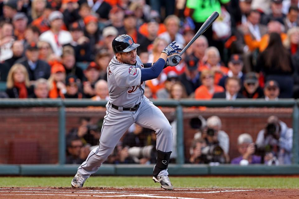SAN FRANCISCO, CA - OCTOBER 24: Omar Infante #4 of the Detroit Tigers hits a base hit against Barry Zito #75 of the San Francisco Giants in the first inning during Game One of the Major League Baseball World Series at AT&T Park on October 24, 2012 in San Francisco, California. (Photo by Christian Petersen/Getty Images)