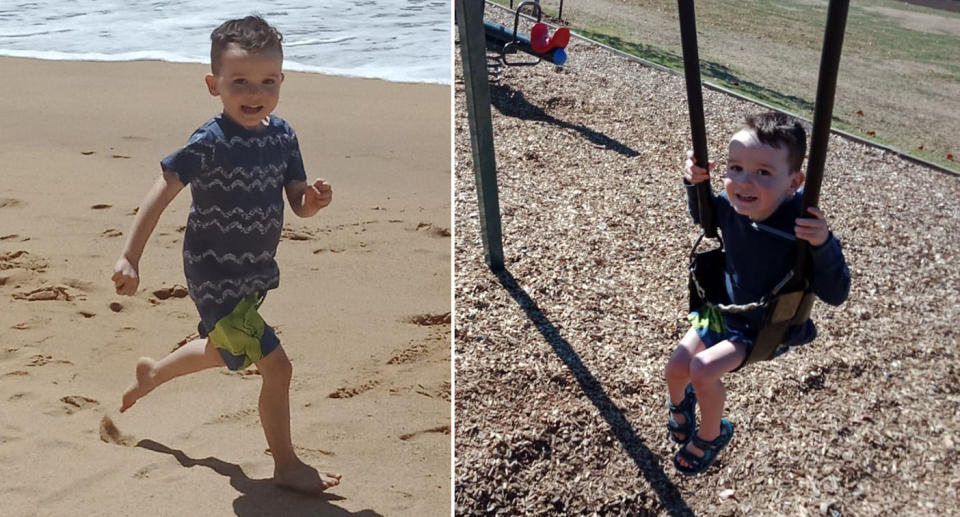 Darragh Hyde plays on the beach and on a swing set in a split photograph.