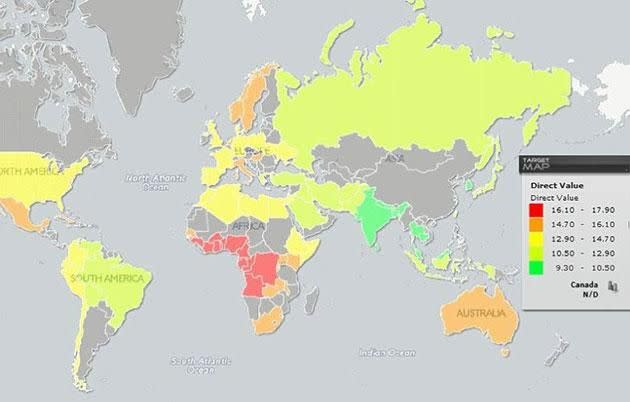 Target map of different erect penis sizes around the world