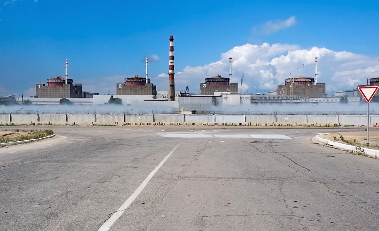 In this handout photo taken from video and released by Russian Defense Ministry Press Service on Aug. 7, 2022, a general view of the Zaporizhzhia Nuclear Power Station in territory under Russian military control, southeastern Ukraine.