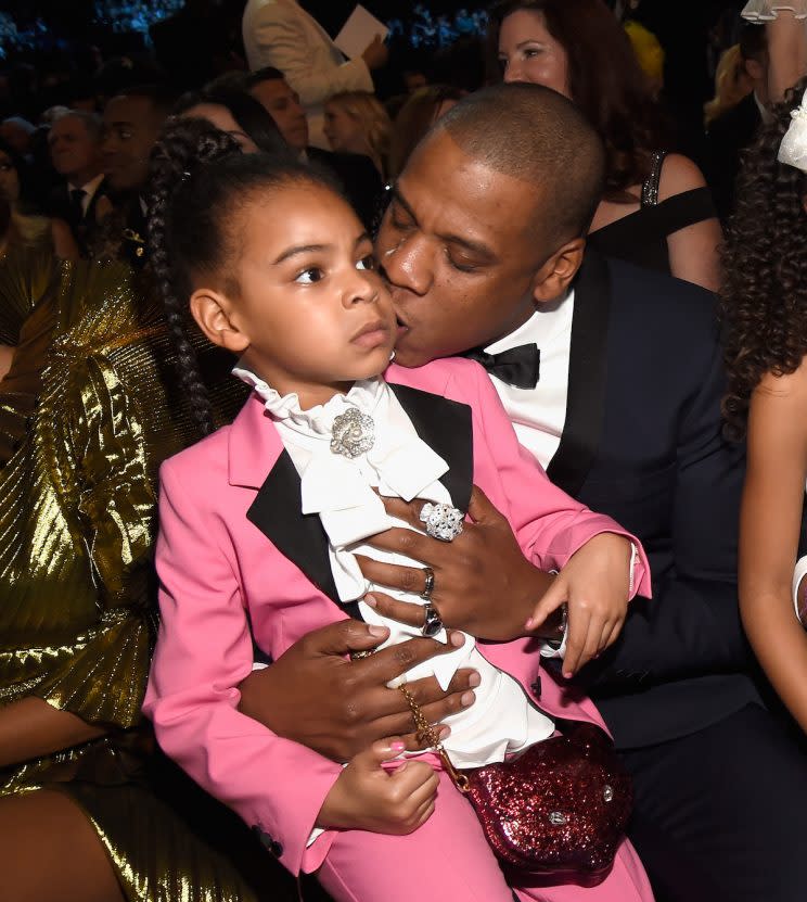 Blue Ivy Carter and Jay Z at the 59th Grammy Awards at Staples Centea. (Photo by Kevin Mazur/Getty Images for NARAS)