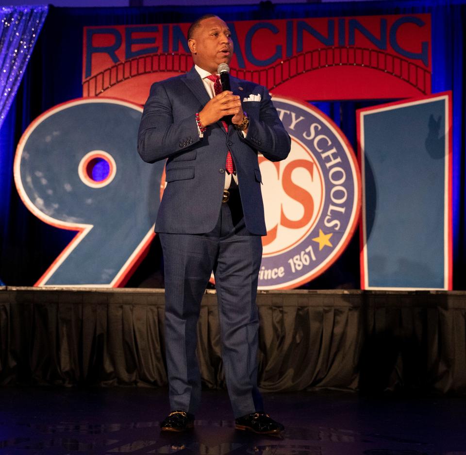 Superintendent of Shelby County Schools Joris Ray speaks during a state-of-the-district address Wednesday, Feb. 23, 2022, at the Hilton in Memphis.