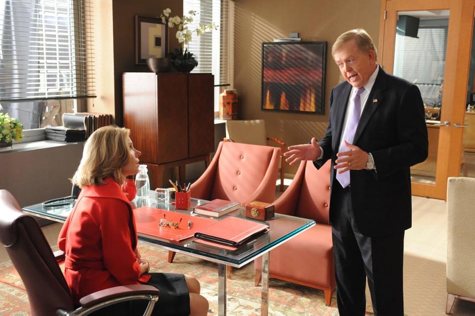 Christine Baranski as Diane Lockhart with Lou Dobbs as himself in 'The Good Wife.'