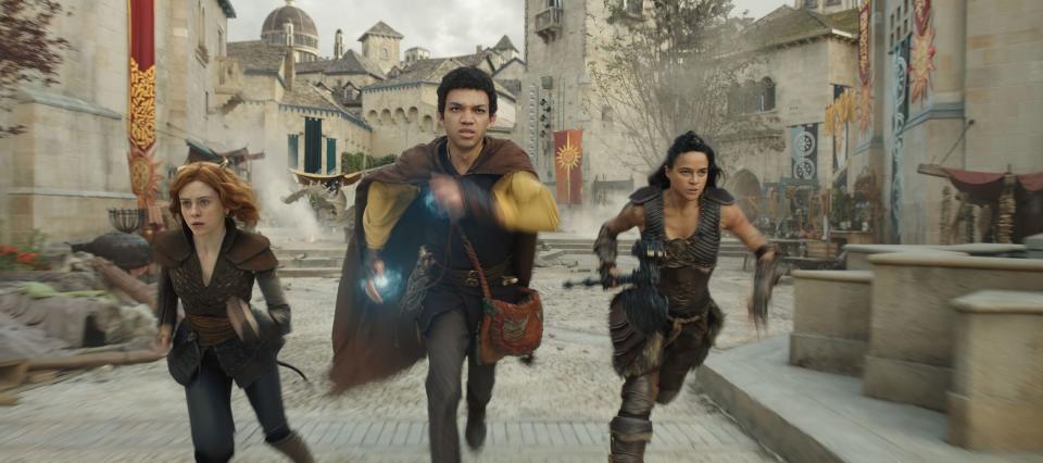 Sophia Lillis plays Doric, Justice Smith plays Simon and Michelle Rodriguez plays Holga in "Dungeons & Dragons: Honor Among Thieves."