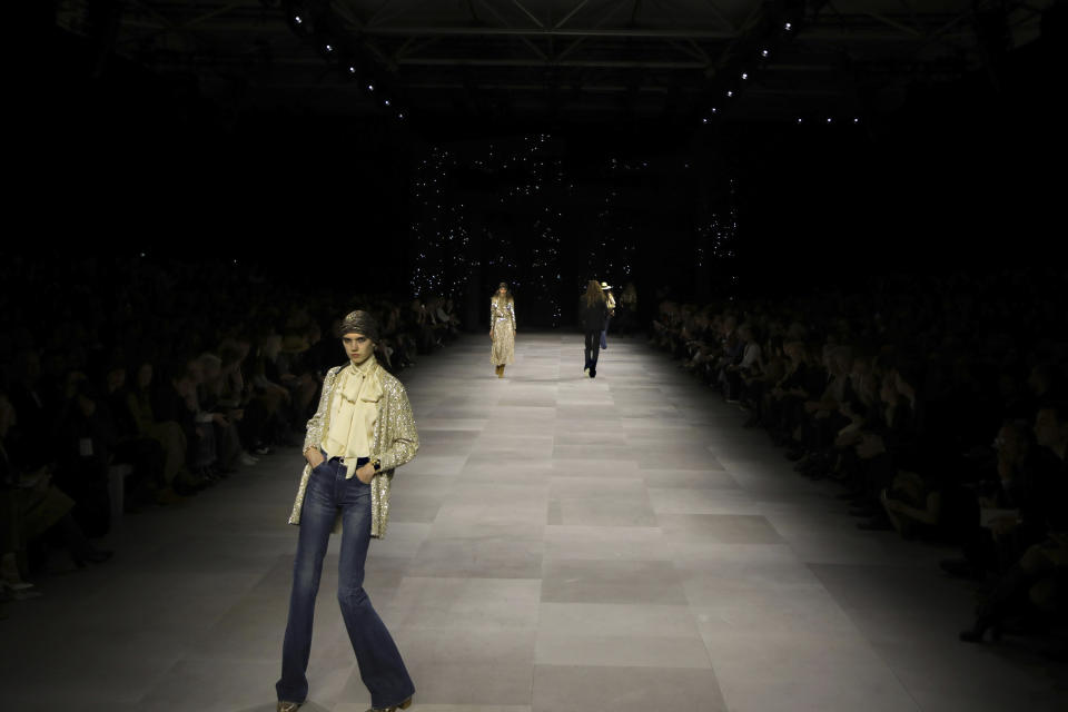 A model wears a creation as part of the Celine Ready To Wear Spring-Summer 2020 collection, unveiled during the fashion week, in Paris, Friday, Sept. 27, 2019. (Photo by Vianney Le Caer/Invision/AP)