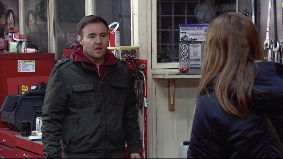 FROM ITV

STRICT EMBARGO - No Use Before Tuesday 13th April 2021

Coronation Street - Ep 10304

Monday 19th April 2021 - 2nd Ep


Maria Connor [SAMIA LONGCHAMBON] calls at the garage and tells Tyrone Dobbs [ALAN HALSALL] that at the time Alina was supposedly in bed with Lucas, she was giving him a haircut and heÕd better come clean to Fiz or sheÕll do it for him. 

Picture contact David.crook@itv.com 

This photograph is (C) ITV Plc and can only be reproduced for editorial purposes directly in connection with the programme or event mentioned above, or ITV plc. Once made available by ITV plc Picture Desk, this photograph can be reproduced once only up until the transmission [TX] date and no reproduction fee will be charged. Any subsequent usage may incur a fee. This photograph must not be manipulated [excluding basic cropping] in a manner which alters the visual appearance of the person photographed deemed detrimental or inappropriate by ITV plc Picture Desk. This photograph must not be syndicated to any other company, publication or website, or permanently archived, without the express written permission of ITV Picture Desk. Full Terms and conditions are available on  www.itv.com/presscentre/itvpictures/terms