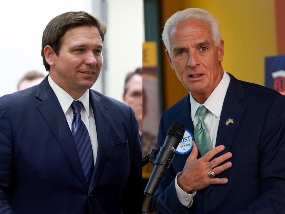 Republican Gov. Ron DeSantis of Florida, left, authorized two planes to relocate migrants to Martha's Vineyard. His Democratic challenger, former Rep. Charlie Crist, called the actions 