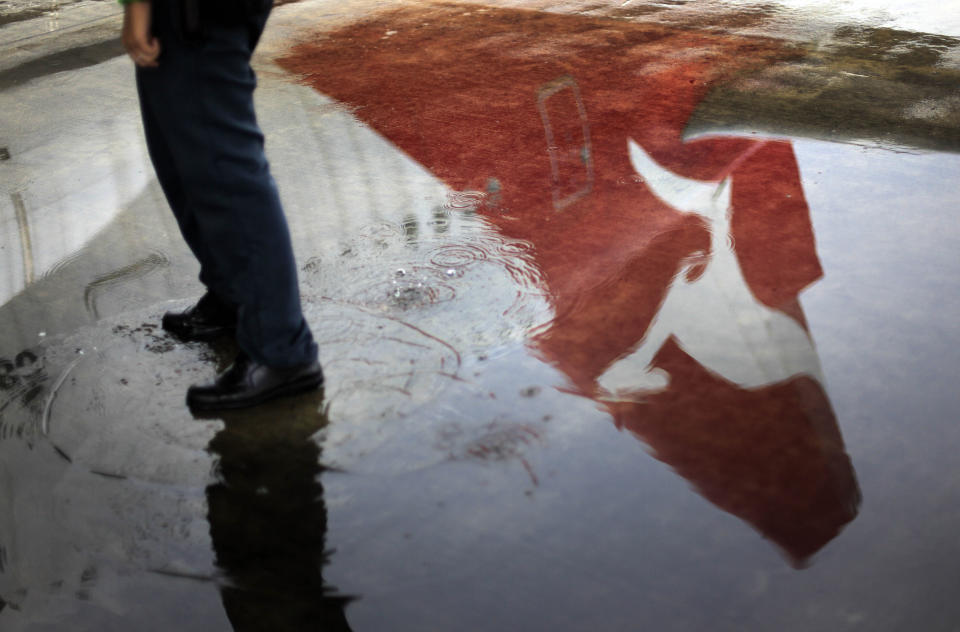 A reflection of the tail of the Qantas Airbus A380 plane parked on Singapore's Changi International Airport