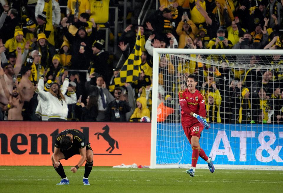 Dec 9, 2023; Columbus, OH, USA; Columbus Crew goalkeeper Patrick Schulte (28) celebrates a 2-1 win over Los Angeles FC during 2023 MLS CUP at Lower.com Field. Mandatory Credit: Kyle Robertson-USA TODAY Sports