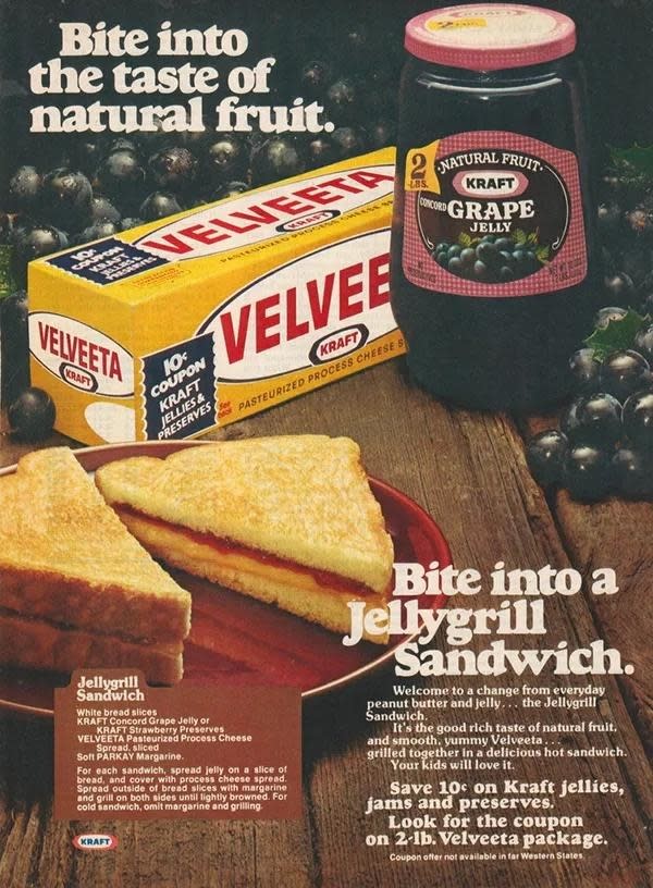 an old kraft recipe card for a grape jelly velveeta grilled cheese