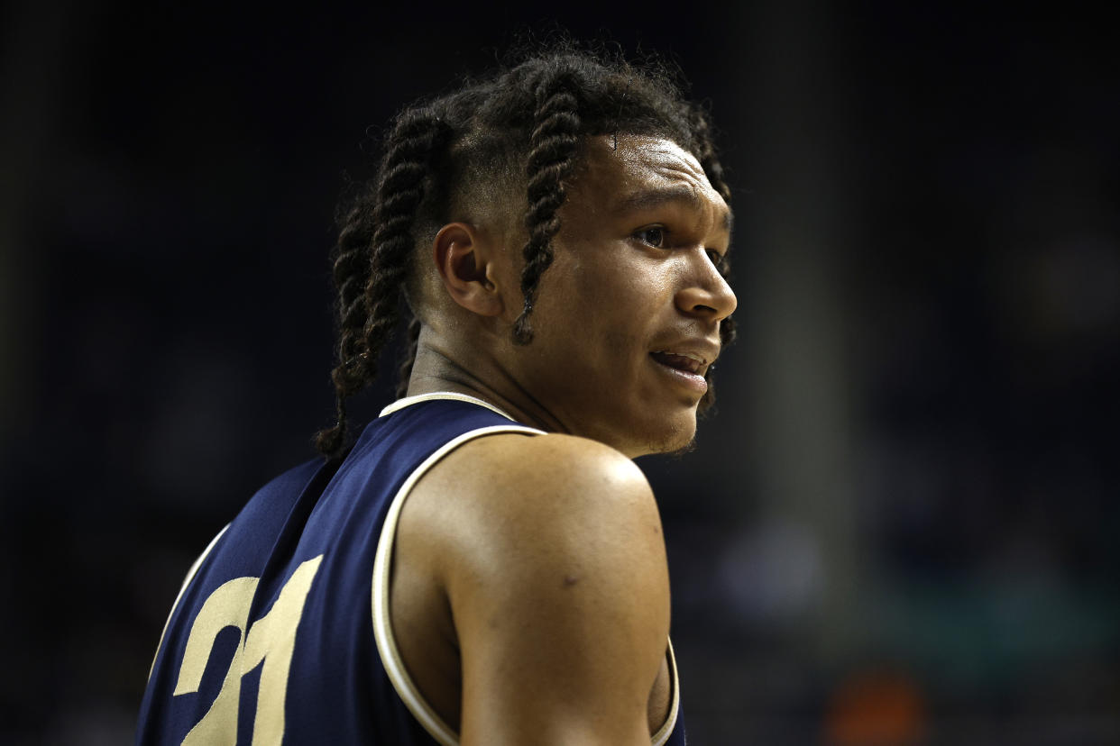 GREENSBORO, NORTH CAROLINA - MARCH 17: RaeQuan Battle #21 of the Montana State Bobcats looks on during the first half against the Kansas State Wildcats in the first round of the NCAA Men's Basketball Tournament at The Fieldhouse at Greensboro Coliseum on March 17, 2023 in Greensboro, North Carolina. (Photo by Jared C. Tilton/Getty Images)