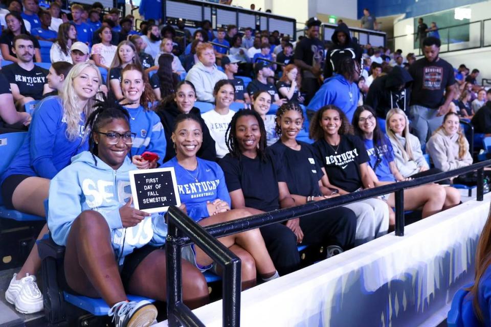 Some Wildcats spent their summer on Kentucky’s campus, while others were late arrivals after competing in international competitions. All were in place in Lexington for the first day of college classes. Front row: Saniah Tyler, Dazia Lawrence, Jordan Obi, Teonni Key, Lexi Blue, Clara Silva, Cassidy Rowe, Dominika Paurova. Second row: Clara Strack, Amelia Hassett, Tanah Becker, Gabby Brooks, Georgia Amoore.