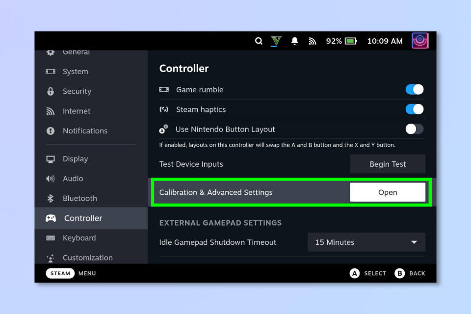 A screenshot showing how to check and recalibrate the gyro on Steam Deck