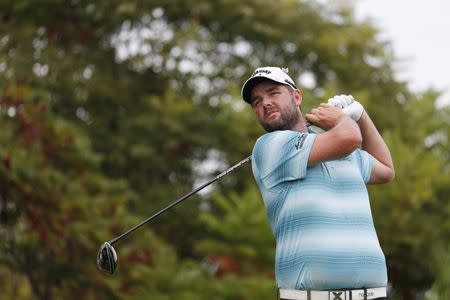 Sep 17, 2017; Lake Forest, IL, USA; Marc Leishman tees off on the eighth hole during the final round of the BMW Championship golf tournament at Conway Farms Golf Club. Mandatory Credit: Brian Spurlock-USA TODAY Sports