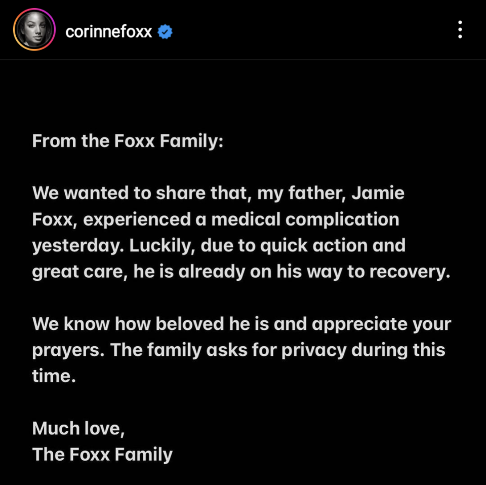傑米福克斯的女兒柯琳透過IG發表聲明證實父親生病，並希望家屬能保有隱私。（柯琳福克斯IG）