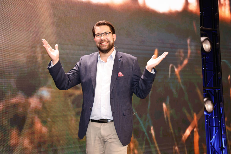 The leader of the Sweden Democrats Jimmie Åkesson delivers a speech at the party's election watch at Elite Hotel Marina Tower Tower in Nacka, near Stockholm, Sweden, late Sunday, Sept. 11, 2022. An exit poll projected that Sweden’s ruling left-wing Social Democrats have won the most votes in a general election Sunday, while a right-wing populist party had its best showing yet. (Stefan Jerrevång/TT News Agency via AP)