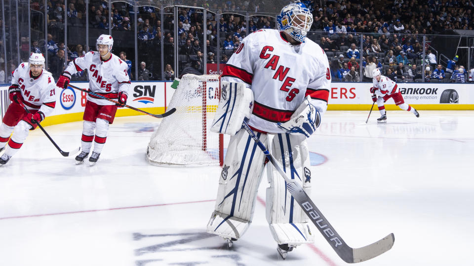 TORONTO, ON - FEBRUARY 22: Emergency backup goaltender Dave Ayres #90 of the Carolina Hurricanes takes the ice against the Toronto Maple Leafs during the third period at the Scotiabank Arena on February 22, 2020 in Toronto, Ontario, Canada. (Photo by Mark Blinch/NHLI via Getty Images)