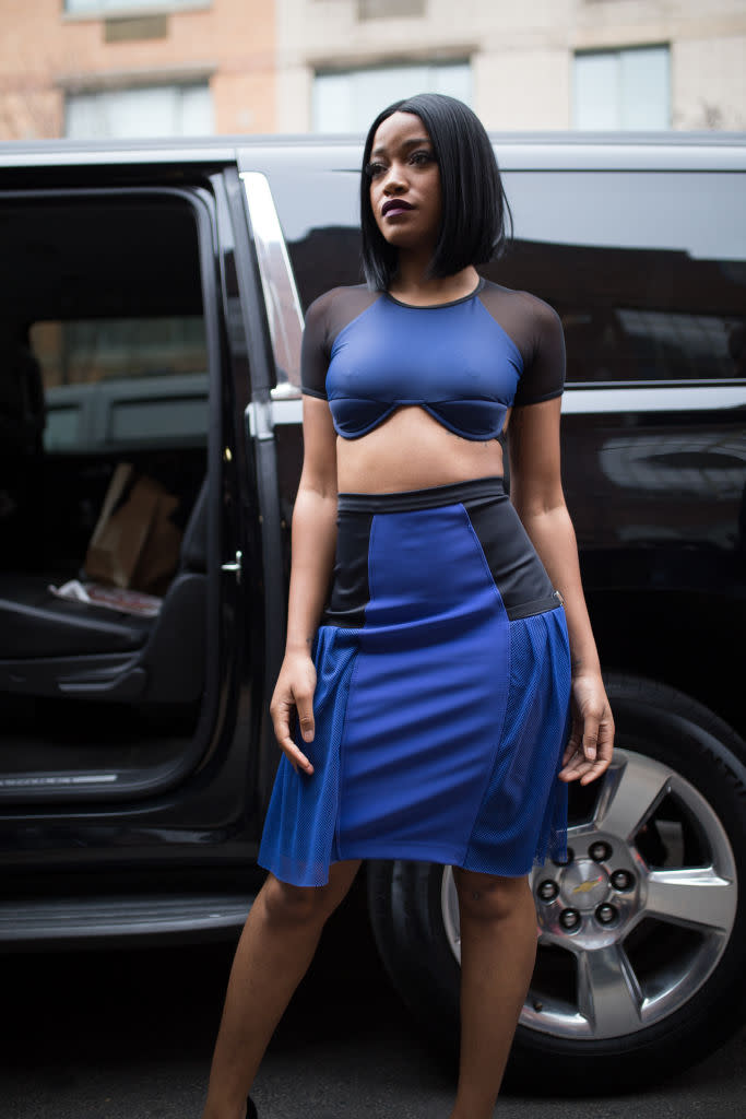 <p>Palmer brought the heat when she stepped onto the streets in a crop top and high-waisted skirt. (Photo: Getty Images) </p>