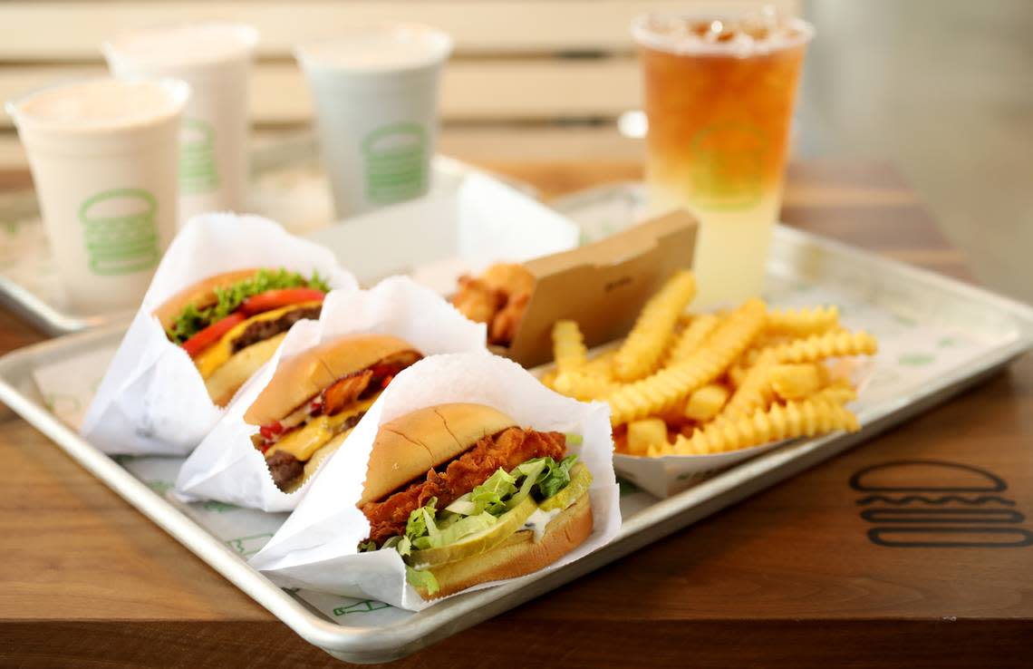 Shake Shack’s Chick’n Shack, SmokeShack, ShackBurger with crinkle fries, Chick’n Bites and the Fifty/Fifty.