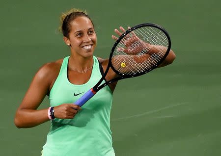 Mar 13, 2017; Indian Wells, CA, USA; Madison Keys (USA) acknowledges the crowd after she defeated Naomi Osaka (not pictured) in her third round in the BNP Paribas Open at the Indian Wells Tennis Garden. Mandatory Credit: Jayne Kamin-Oncea-USA TODAY Sports