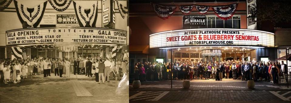 The Miracle Theatre in Coral Gables grand opening on Dec. 7, 1948 on the left, with the Glenn Ford American comedy film, “The Return of October” on its marquee. For the opening gala, Ford’s costar in the film, Terry Moore, appeared in person at the Miracle in a Hollywood-styled opening night celebration. On the right, the opening night audience for “Sweet Goats and Blueberry Señoritas” on Nov. 10, 2023, staged a recreation of the old image for a photo shoot by Javier Ospina, conceived by Actors’ Playhouse.