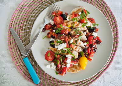 Grilled Chicken Breasts with Tomato, Olive, and Feta Relish